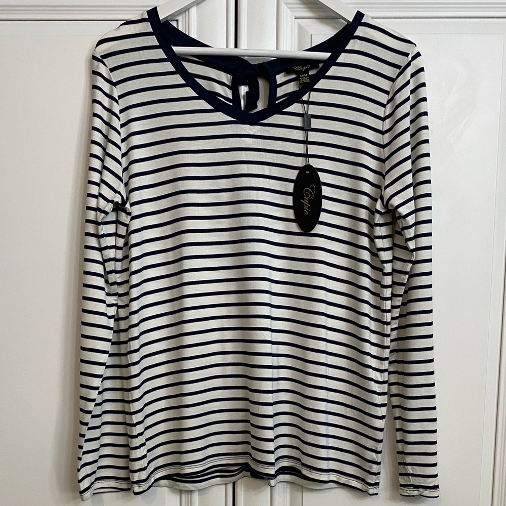 NWT Cupio Medium V Neck Navy White Stripe Navy Bows Middle Back Long Sleeve Top